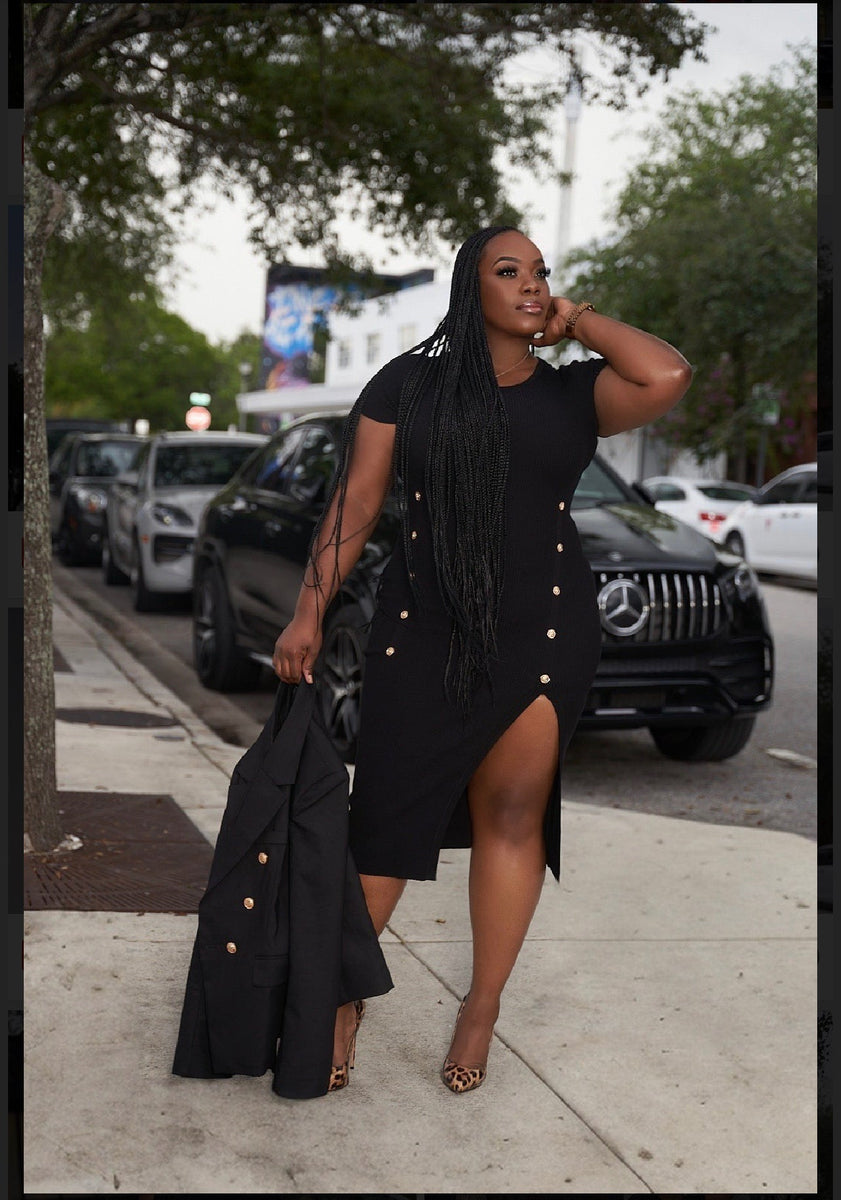 Black “Alissa” Gold Button Dress – RASOOLS 4 WOMEN