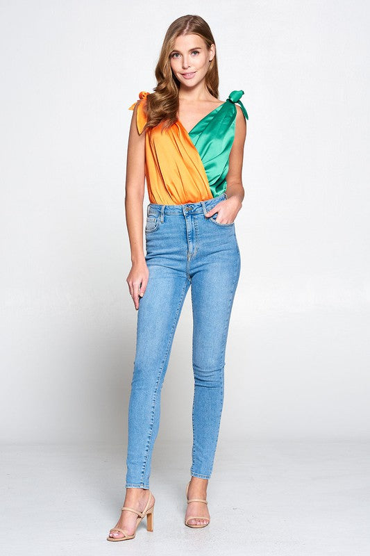 Colorblocked Tie Bodysuit