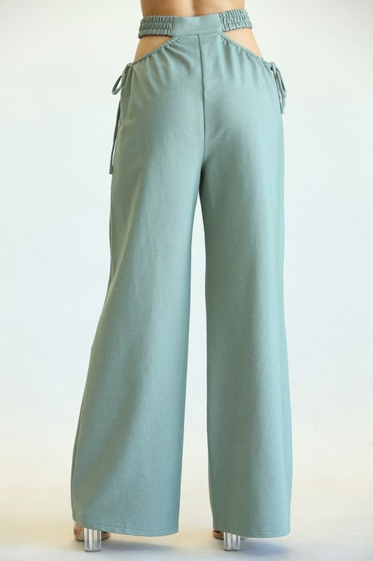 Olive Green Cotton Blend Woven High Waist Pants
