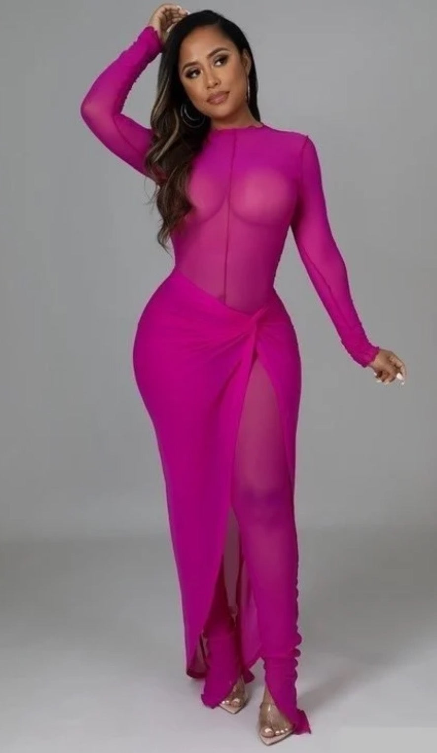 Pink Mesh Full Bodysuit with Skirt