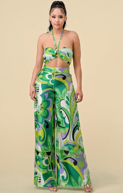 Green Patterned Halter Set