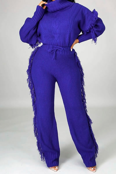 Blue Turtle Neck Cable Knit Sweater and Tasseled Pants Set