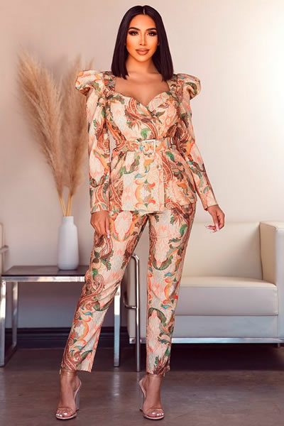 Rust Multi Puff Long Sleeve jacket and Cigarette Pants Set