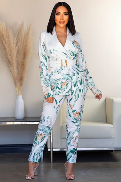 White Green Multi Print Belted Jacket and Cigarette Pants Set