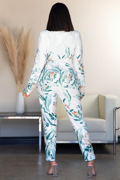 White Green Multi Print Belted Jacket and Cigarette Pants Set