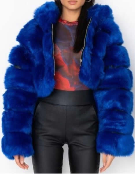 Blue Faux Fur Hoodie Coat