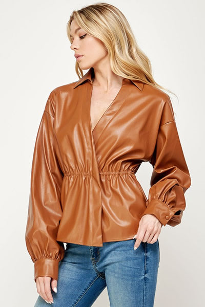 Caramel Double Overlap Faux Leather Shirt