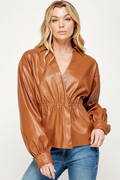 Caramel Double Overlap Faux Leather Shirt