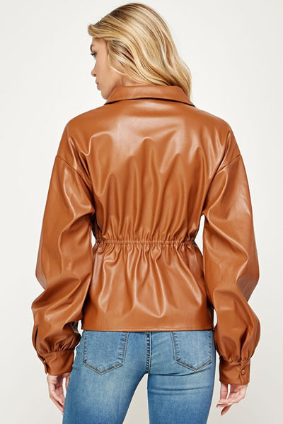 Caramel Double Overlap Faux Leather Shirt