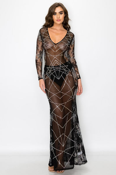 Black Rhinestone Sheer Mesh See Through Maxi Dress