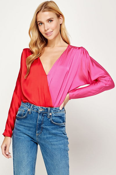 Red and Fuchsia Koslow Crossover V-neck Two-Tone Bodysuit