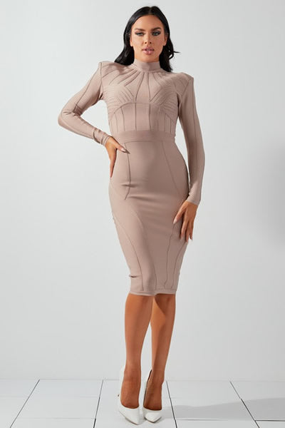 Mocha Shoulder Pad Mock Neck Seamed Lines Fit Bandage Dress