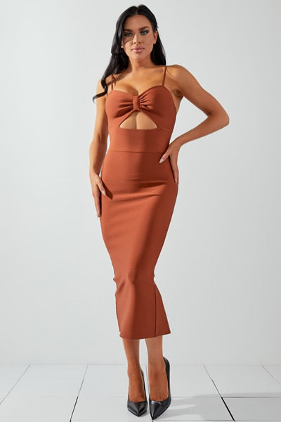 Cognac Spaghetti Strap Bowknot Cutout Bandage Midi Dress