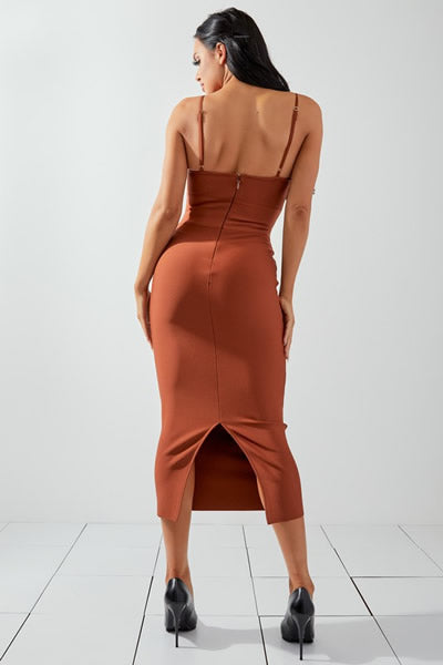 Cognac Spaghetti Strap Bowknot Cutout Bandage Midi Dress