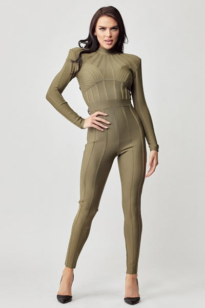 Olive Shoulder Pad Mock Neck Seamed Lines Fitted Bandage Jumpsuit