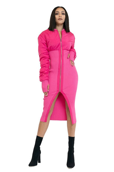 Fuchsia Padded Puffer Zip Up Knit Sweater Dress