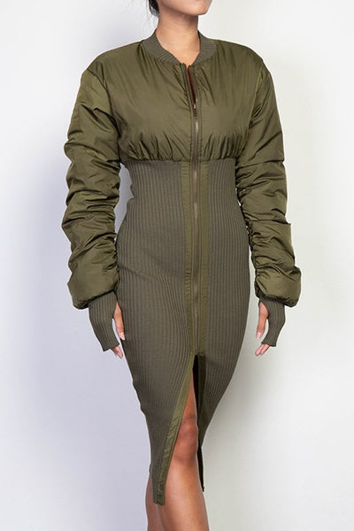 Olive Padded Puffer Zip Up Knit Sweater Dress