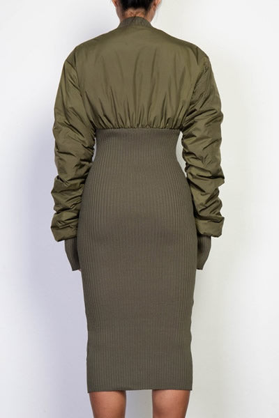 Olive Padded Puffer Zip Up Knit Sweater Dress