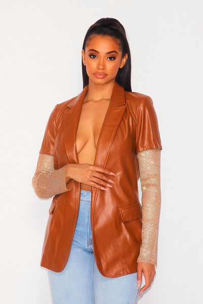 Brown FAKE LEATHER RHINESTONE BLAZER