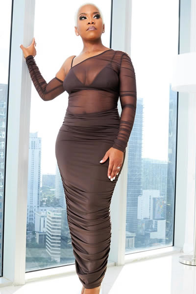 Light Brown Semi Sheer Ruched Mesh Maxi Dress