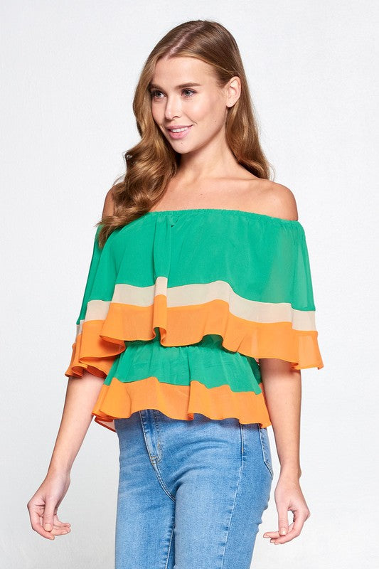 Off-Shoulder Colorblocked Blouse