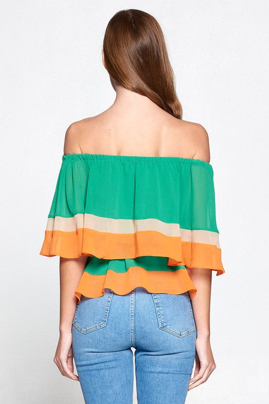 Off-Shoulder Colorblocked Blouse