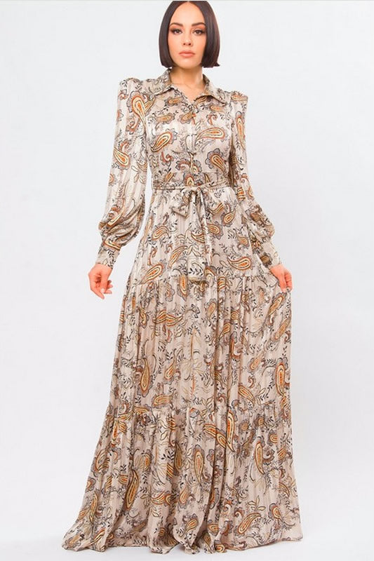 Tan Lurex Woven Print Long Sleeve Dress