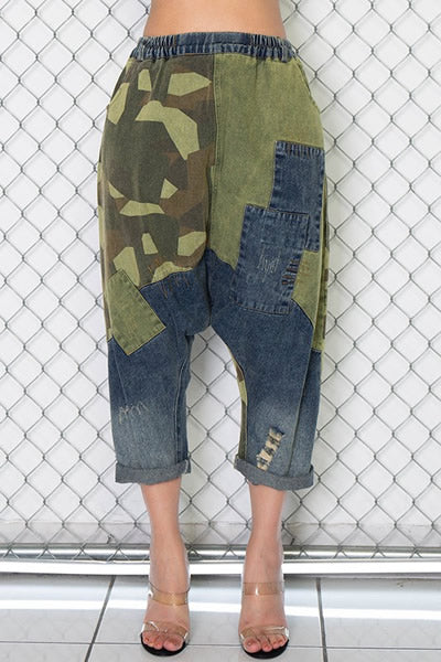 Camo Denim Color Block Baggy Jeans Pants