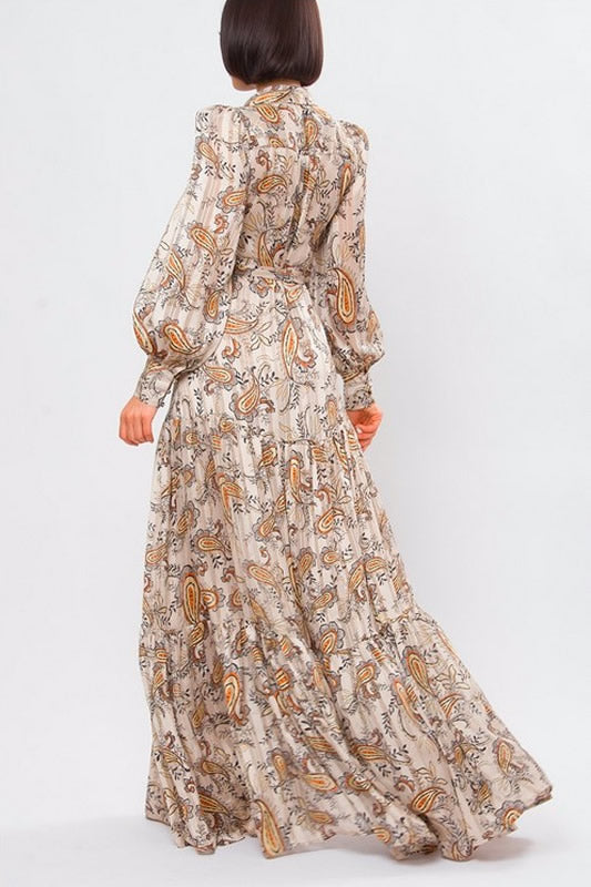 Tan Lurex Woven Print Long Sleeve Dress