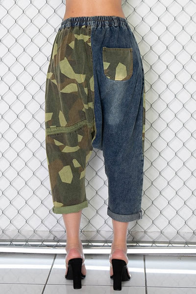 Camo Denim Color Block Baggy Jeans Pants