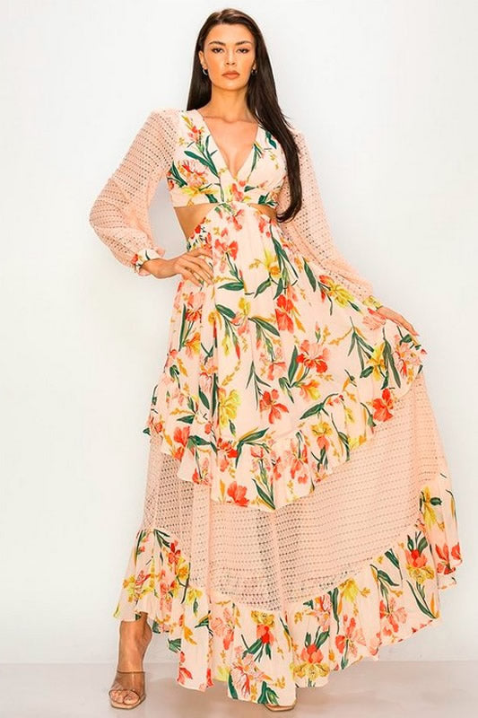 Peach Long Sleeve Side Open Maxi Dress