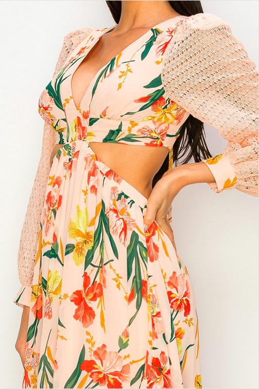 Peach Long Sleeve Side Open Maxi Dress