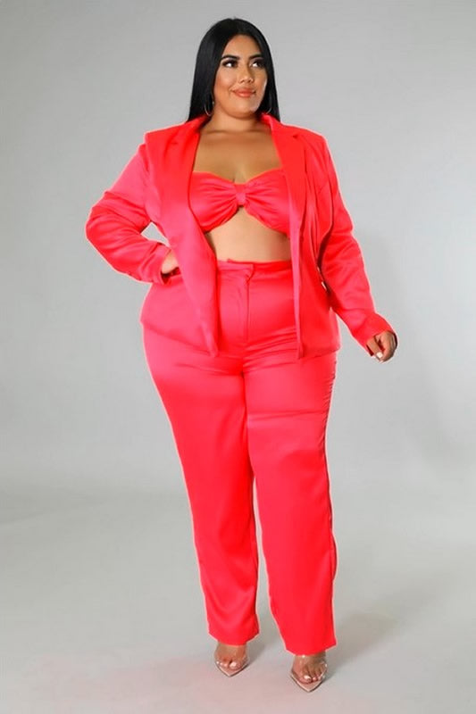 Fuchsia Plus Size Tube Top Long Sleeve Three Piece Set