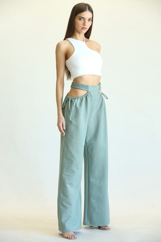 Olive Green Cotton Blend Woven High Waist Pants