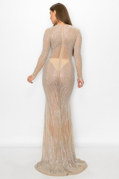 Nude RHINESTONE SHEER MESH MAXI DRESS