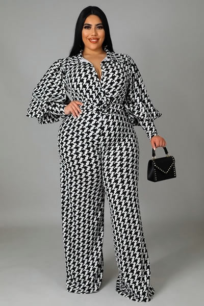 Black and White Plus Size V Neck Wide Leg Stretch Jumpsuit