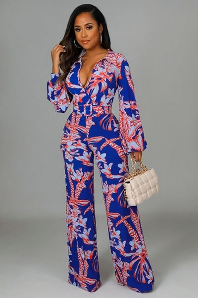 Blue and Red V Neck Wide Leg Semi-Stretch Jumpsuit