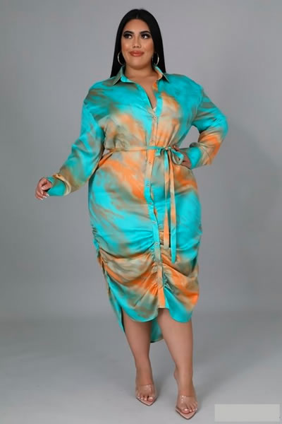 Multi Color Non -Stretch Long Sleeve Front Button Plus Size Dress