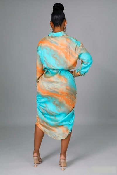 Multi Color Non -Stretch Long Sleeve Front Button Dress