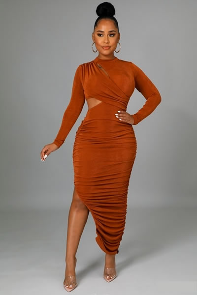 Cognac Round Neckline Long Sleeve Stretch Dress