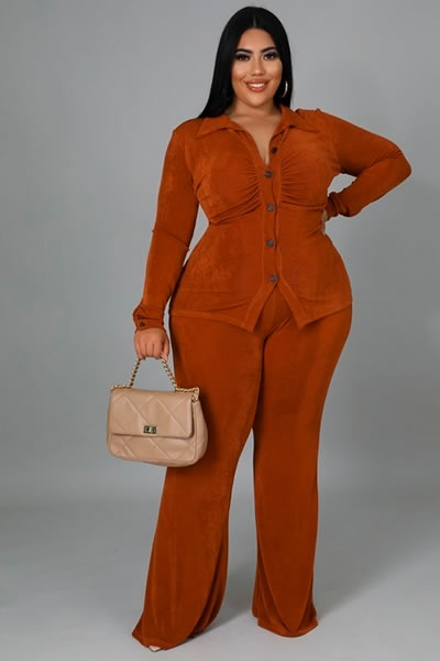 Cognac Long Sleeve Stretch Top High Waist Pants Plus Size Two Piece Set