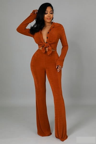 Cognac Long Sleeve Stretch Top High Waist Pants Two Piece Set