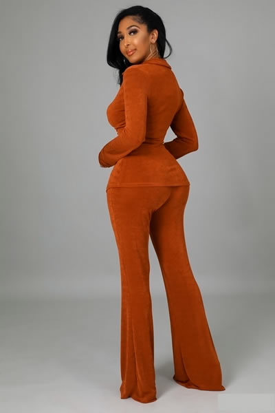 Cognac Long Sleeve Stretch Top High Waist Pants Two Piece Set