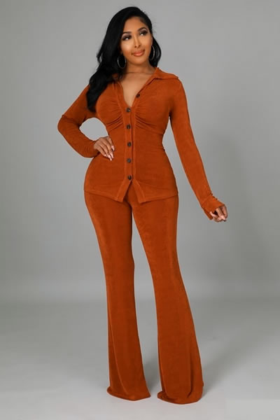 Cognac Long Sleeve Stretch Top High Waist Pants Two Piece Set