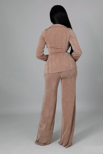 Mocha Long Sleeve Stretch Top High Waist Wide Legs Pants Two Piece Set