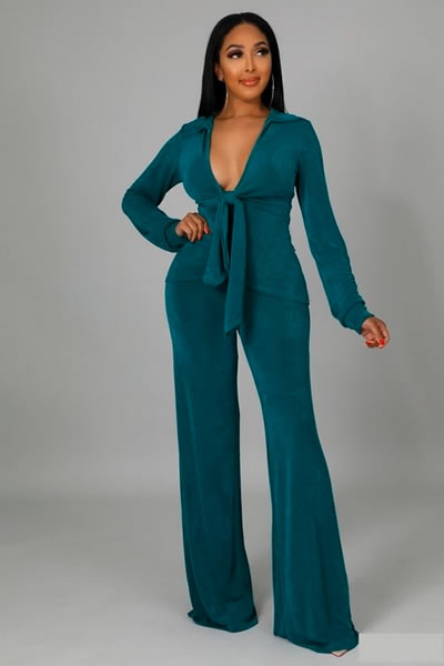 Hunter Green Long Sleeve Stretch Top High Waist Wide Legs Pants Two Piece Set