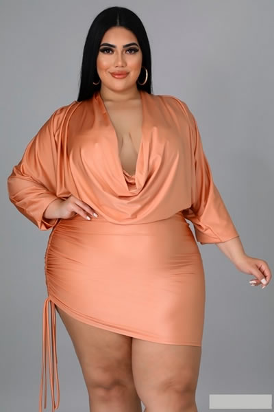 Orange V Neckline Long Sleeve Stretch Plus Size Midi Dress