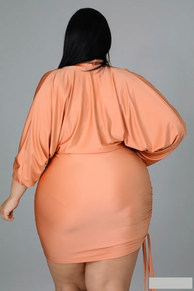 Orange V Neckline Long Sleeve Stretch Plus Size Midi Dress