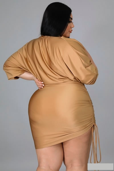 Gold V Neckline Long Sleeve Stretch Plus Size Midi Dress