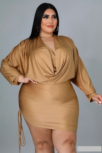 Gold V Neckline Long Sleeve Stretch Plus Size Midi Dress